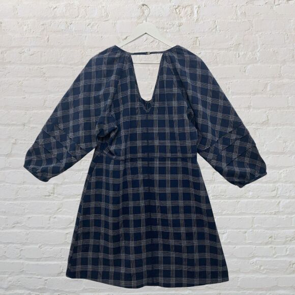 Wrap London Navy Plaid Balloon Sleeve Mini Dress L - Picture 3 of 14